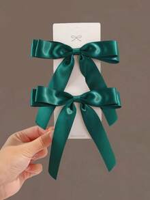 2pcs Girls' Minimalist Casual Multi-Color Bow Ribbon Ponytail Hair Clips, Suitable For Daily Wear And Back To School Season - Dark Green - View 7