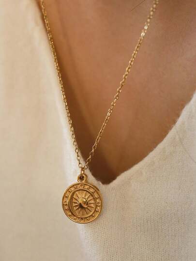 1pc Golden Stainless Steel Minimalist Crescent Moon Sun Shaped Round Pendant Necklace Coin Pendant Necklace For Best Friend Gifts For Woman For Daily Wear Beach Vacation