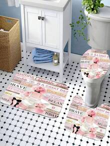 1/4pcs Pink Floral Pattern Bathroom Decor Set, Including Bathroom Curtain, Shower Curtain With Inspirational Quotes, Rug And Accessories, Girly Fragrance Bathroom Set - A - View 7