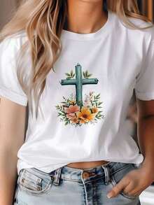 This 220G Shirt For Women Features Floral Patterns, Is Available In Six Colors, And Is Suitable For Every Season, Making It Perfect For Easter, Mother's Day, And Religious Events. - White - View 7