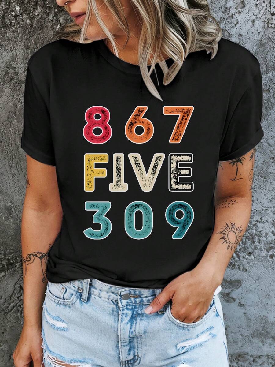 Casual Short-Sleeve T-Shirt for Women, Featuring a Bold Print Design in Navy Blue, with a Crew Neck. It'S Machine Washable And Comfortable for Year-Round Use, Offering a Retro Loose Fit Ideal for Everyday Wear