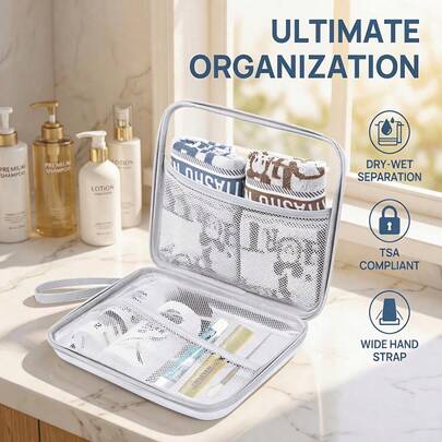 High Quality Transparent PC Toiletries Bag, Large Capacity Travel Makeup Cosmetic Storage Pouch With Zipper, Portable Waterproof Handbag For Men Women, TSA Approved Clear Organizer With Grid Compartments For Shampoo Brushes Accessories