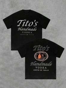 Black T-Shirt Inspired By The "Tito's Handmade Vodka" Brand - Featuring "Tito's Handmade Vodka" Typography And Logo On The Front And Back! 100% Cotton 220g T-Shirt With Print On Both Sides - 黑色 - 查看 6