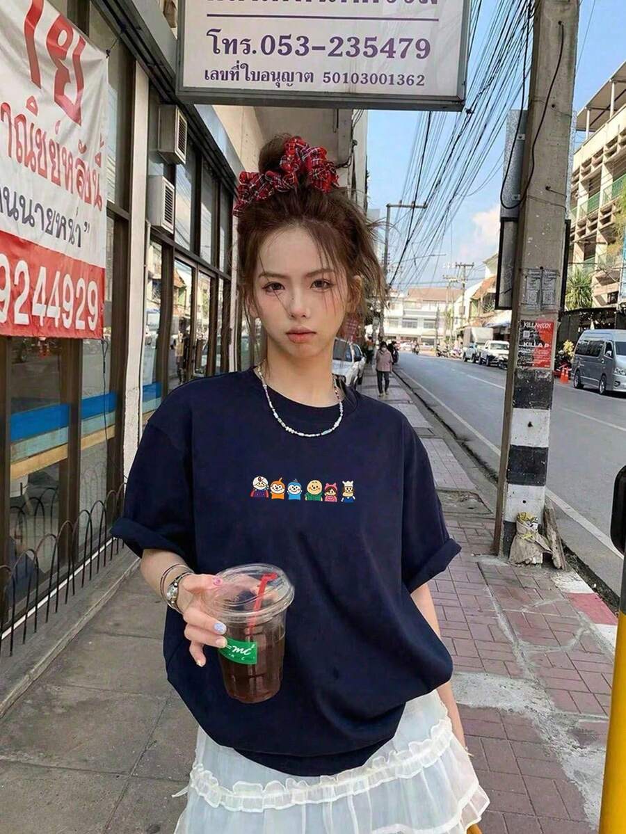 Summer Casual Letter Print Oversized T-Shirt, Crew Neck Short Sleeve, Loose-Fitting Streetwear Top For Women - Màu xanh hải quân - Xem 1