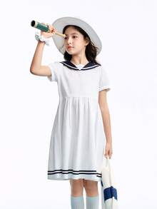 [Vestido azul marino de algodón puro con cuello] Falda de corte A de verano para niñas con lazo, estilo escolar vibrante, vestido holgado y cómodo para la piel, vestido de estudiante, vestido de solapa para niña - Blanquecino - Ver 2