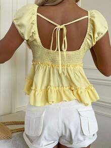 Women's Yellow Frill Trim Single-Breasted Shirt With Frill Trim,Summer Top Tops For Women Summer Cute Yellow Summer Top Yellow Top Blouse Yellow Tops For Women Elegant Yelow Top Yellow Clothes Ruffle Top Vacation Top - Màu vàng - Xem 5