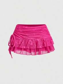 Ultra Low-Waist Lace & Mesh Double-Layer Pleated Wrap-Tie High-Slit Women's Skirt - 玫紅色 - 查看 10