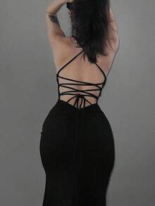 Vestido elegante de unicolor y sexy con espalda descubierta y abertura alta, para fiestas y eventos casuales de verano en color negro - Negro - Ver 4