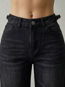 Pantalón De Mezclilla Stretch Mujer Corte Wide Leg Cintura Alta - Negro - Ver 6