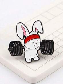 Cute Fitness Bunny Brooch, Barbell Enamel Pin, Fitness Lover Backpack Accessory, Adorable Barbell Bunny Funny Sports Style Pin - Black - View 1