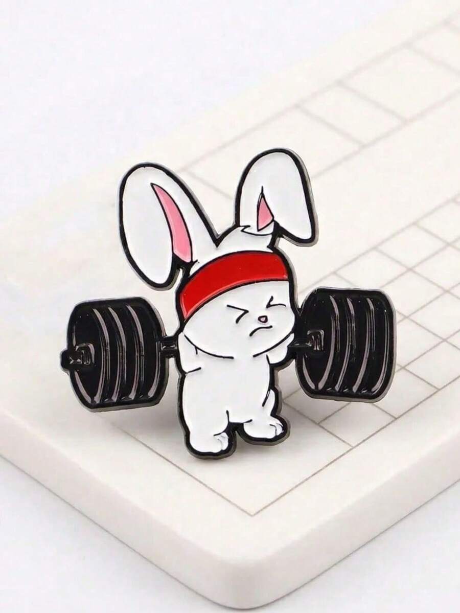 Cute Fitness Bunny Brooch, Barbell Enamel Pin, Fitness Lover Backpack Accessory, Adorable Barbell Bunny Funny Sports Style Pin - Black - View 1