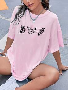 Camisetas de algodón para mujer, camisetas simples con estampado gráfico de mariposa, camisetas de manga corta informales suaves de talla grande con cuello redondo, ropa femenina de verano - Rosa - Ver 4