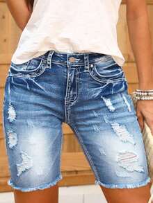 Ripped Raw Hem Denim Shorts Vacation Casual Summer - Lavado ligero - Ver 7