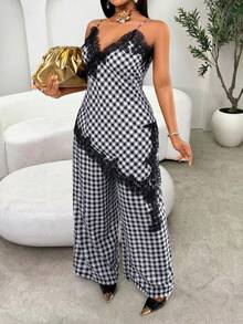 Conjunto de camiseta y pantalón de pierna ancha con estampado de cuadros en blanco y negro, elegante y sexy, con encaje y bajo asimétrico, adecuado para ir de compras, pequeñas reuniones en verano - Negro - Ver 4