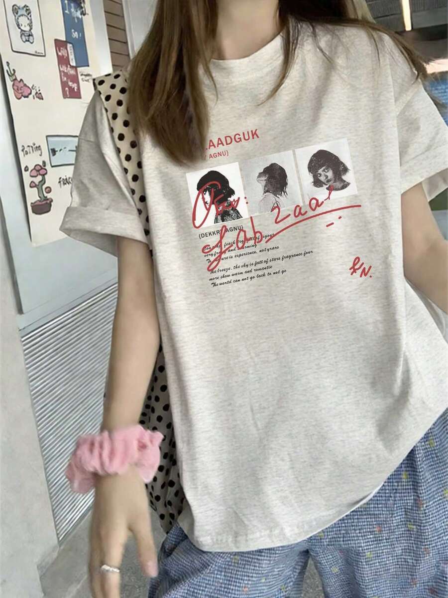休闲宽松印花T恤,简约学生风Y2K女款抽象跑步人物及字母印花,轻薄短袖圆领上衣,适合日常穿着、通勤、街头风、春夏度假。 - 淺灰色 - View 1