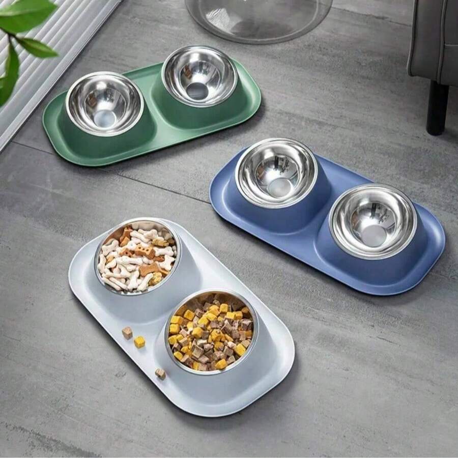 不锈钢宠物碗,双碗猫碗,防溢漏锁扣碗,颈部保护猫狗喂食碗 - 300ml - 查看 1