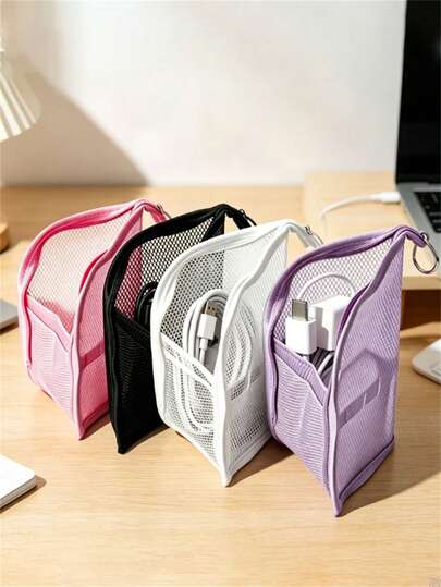 1pc Dopamine Travel Mesh Storage Bag, Mesh Storage Bag With Carrying Handle, Suitable For Storing Cables, Chargers, Bluetooth Headphones, Power Banks, Ideal For Travel, Cosmetic Storage Bag For Lipstick, Toothbrush, Toothpaste, Skincare Products, Portable Toiletry Bag, Travel Storage Bag, White/Gray/Purple/Pink, Travel Essential, Travel Accessory, Phone Storage Bag, Cable Storage Bag