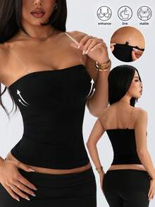 3 piezas de tops de camisola casual sin costuras, con tirantes transparentes invisibles, transpirables para el verano, que levantan el busto y estilizan la cintura - Negro - Ver 3
