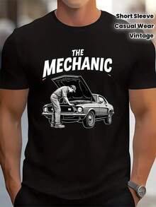 Camiseta Vintage de Mecánico de Autos para Hombres - Impresión de Motor Automotriz y Caja de Herramientas con Diseño de Capó de Coche Clásico, Camiseta de Manga Corta de Cuello Redondo en Gr - Negro - Ver 7
