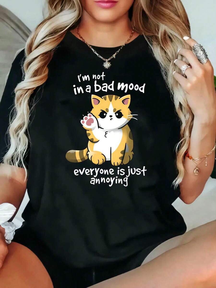 Cute Cat Graphic Tee For Women - 's T Shirt - Short Sleeve Slim Fit Casual Graphic Tee Featuring Playful Orange And White Cat With 'I'm Not In A Bad Mood, Everyone Is Just Annoying' Text | Ideal For Casual Outings And Relaxed Indoor Wear | Perfect Gift For Cat Lovers, Only One Piece Of Clothing - 黑色 - 查看 1