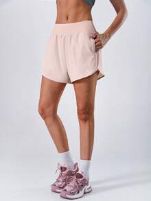NcmRyu 1pc Women Solid Color Side Zipper Pocket Lined Sports Shorts - Pink - View 9