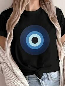 Círculo Nazar mal ojo símbolo impresión camiseta, manga corta cuello de tripulación top casual para verano y primavera, ropa de mujer - Negro - Ver 2
