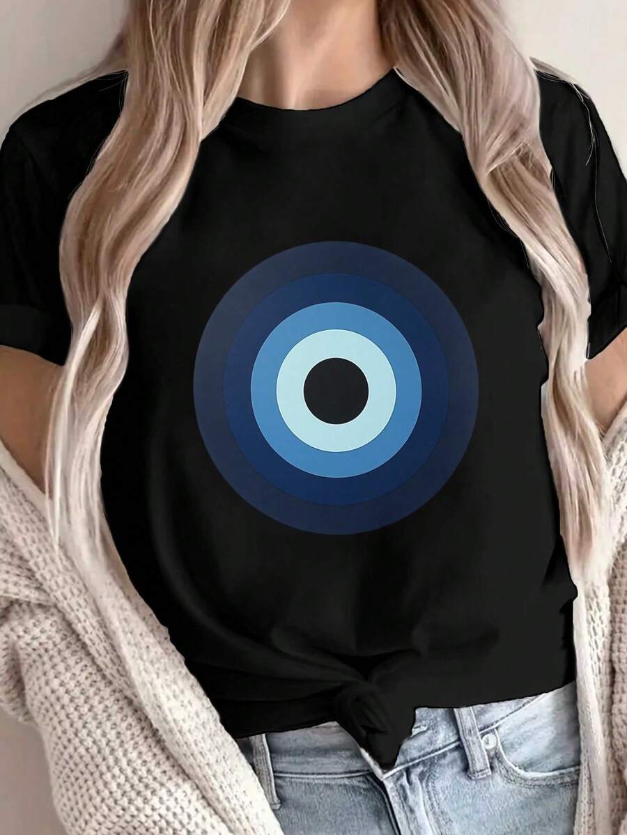 Círculo Nazar mal ojo símbolo impresión camiseta, manga corta cuello de tripulación top casual para verano y primavera, ropa de mujer