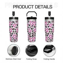 30Oz Stainless Steel Water Bottle With Straw For Sports, Travel, And School Sports Water Bottle, Keeps Water Warm For Over 24 Hours, Sealable, Portable, Flip Top, Ideal For Hot And Cold Beverages, Coffee, And Frozen Drinks - Họa tiết da báo 4 - Xem 5