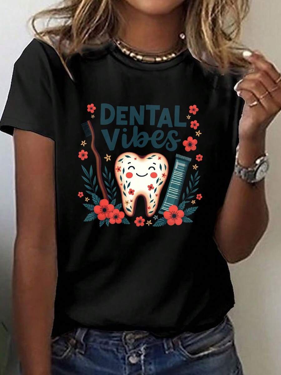 Camiseta gráfica de las vibraciones dentales de las mujeres - manga corta cuello de la tripulación Top casual con diente juguetón y diseño floral, tela de estiramiento medio transpirable, lavable en máquina para verano y primavera, regalos de higienista dental, ropa de primavera, tee de impresión vibrante, ajuste cómodo