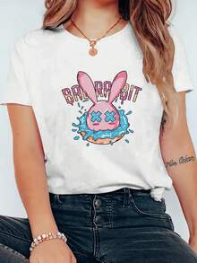 Camiseta de cuello redondo de manga corta casual de las mujeres - camiseta de verano transpirable ligera con impresión sutil del pecho, línea H regular de ajuste superior para el traje casual, ropa de verano de primavera lavable a la máquina - Blanco - Ver 2