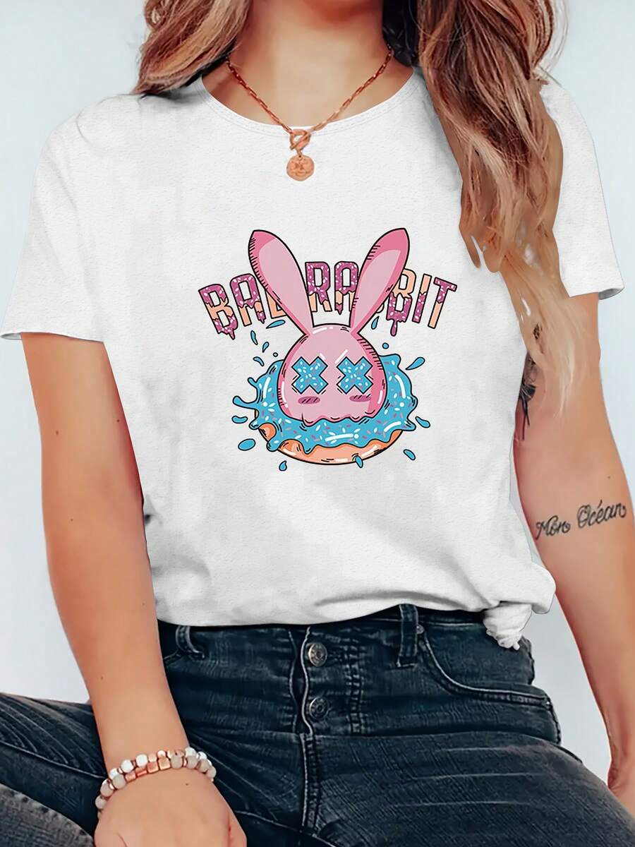 Camiseta de cuello redondo de manga corta casual de las mujeres - camiseta de verano transpirable ligera con impresión sutil del pecho, línea H regular de ajuste superior para el traje casual, ropa de verano de primavera lavable a la máquina
