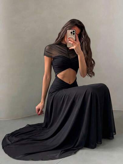 Women's Fashion Maxi Long Bodycon Dress Summer See Through Cut Out Dress Elegant Black Cocktail Night Out Party Dress Sexy Clothes