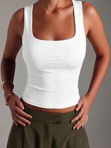 Women Square Neck Wide Strap Stretchy Slim Fit Crop Tank Top Basic Casual Camisole For Vacation Beach Street Daily Outdoor Wear - 白色 - 查看 9