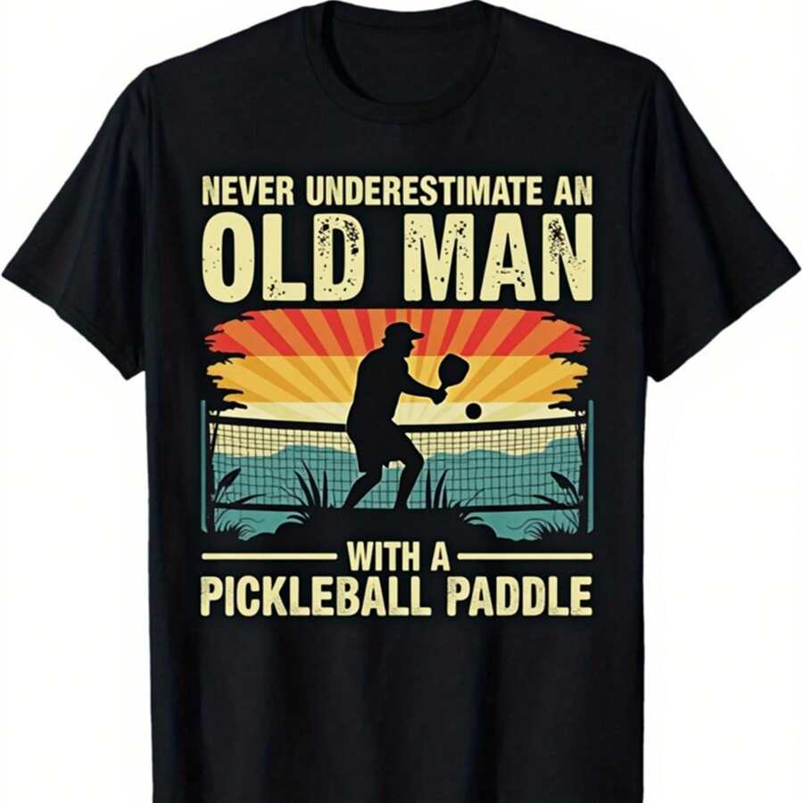 Men'S Vintage Pickleball Graphic T-Shirt - Never Underestimate An Old For Man With A Paddle - Retro Black Soft Tee, Loose Fit Casual Shirt For Pickleball Lovers, Funny For Sports Gift For Dad, Husband, Players - All-Season Apparel - 黑色 - 查看 1