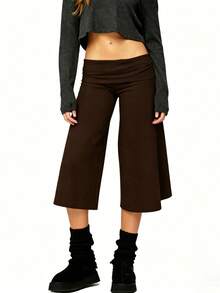 Women Yoga Capri Pants Wide Leg Cropped Pants With Fold Over Waistband For Fitness Workout Light Grey Lounge Pants For Women Elastic Waist 3/4 Length Pants Casual Culottes Trousers For Daily Wear - 深棕 - 查看 9