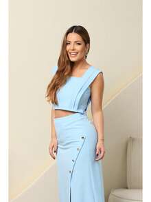 Elegant Tailored Set Consisting Of A Cropped Top And Long Skirt With A Front Slit. - Baby Blue - View 9