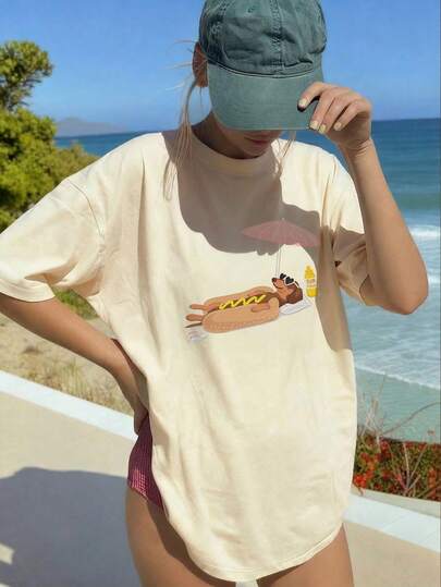 Áo thun nữ mùa hè dáng rộng in hình chó Dachshund, cổ tròn, tay ngắn, kiểu dáng thường ngày, thích hợp cho kỳ nghỉ.