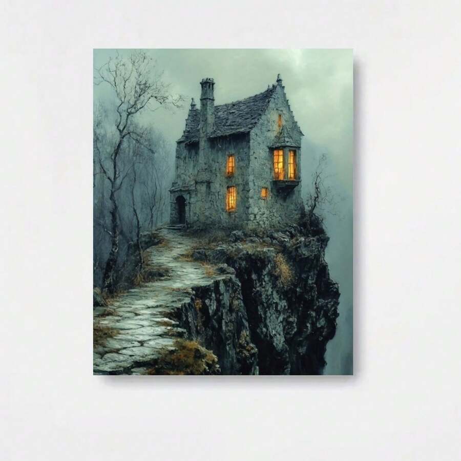 1pc Casa Antigua en el Acantilado Kit de Pintura de Diamantes 5D DIY Sin Marco, Pintura de Diamantes Redonda, Artesanía, Adorno de Escritorio, Colgante de Pared, Decoración del Hogar, Obra de Arte, Manualidad, Regalo de Vacaciones, Presente - Enmarcado - Ver 1