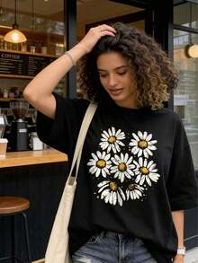 Camiseta de Mujer% Algodón, Camiseta Casual con Estampado Floral de Margaritas, Cuello Redondo, Manga Corta con Hombros Caídos, Camiseta de Elasticidad Media para Conjuntos de Primavera, Ligera, Transpirable, Éxito de  de Verano - Negro - Ver 4