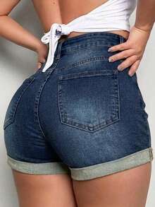 Shorts mujer Denim Essential Fit Mezclilla Clásica con Efecto Moldeador y Bajo Vuelto como liguero fresco estilo idela casual casa diaro Vacacion vacaciones - Azul Marino - Ver 2