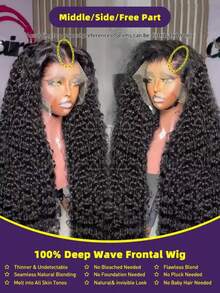 32 34 Inch 13x6 HD Deep Wave Lace Front Wig 250% Density Wet And Wavy Human Hair Wig Brazilian Virgin Curly Human Hair Wig For Women Glueless Lace Frontal Wigs With Baby Hair Pre Plucked Hairline Natural Color - Natural Black - 查看 4