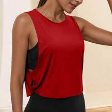 Ropa de Yoga con cuello redondo para mujer, chaleco atlético sin mangas, Top informal, Top corto ligero y holgado de Color puro - Rojo - Ver 4