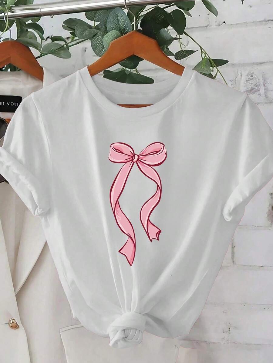 Korean Style Pink Bow Accent T-Shirt - Short Sleeve Crew Neck T-Shirt, Machine Washable Casual Summer Top With Spring Summer Outfits, Korean Fashion Dress And Dress Suitable For Spring Summer Outfits - 白色 - 查看 1
