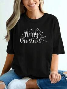 Camiseta de manga corta con patrón impreso, suave y cómodo, versátil y hecho de puro, adecuado para el uso casual de las mujeres, desplazamientos diarios, al aire libre, relajado y cómodo S Outfit, camiseta pura de primavera y verano de las mujeres - Negro - Ver 2