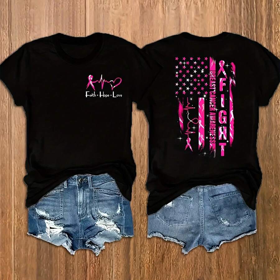 Breast Cancer Awareness Pattern Print. Short Sleeve. Crew Neck T-Shirt - Black - View 1