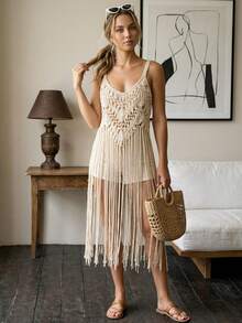 Bohemian V-Neck Tassel Sleeveless Cover Up, Suitable For Vacation And Beach - Apricot - View 4