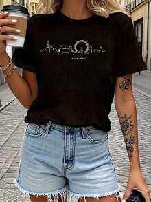 Women's London Skyline T-Shirt - Iconic Landmarks Print Short Sleeve Crew Neck Top | Machine Washable Casual T-Shirt Suitable For Summer, Spring And Year-Round Wear | London Themed Wardrobe Essential For Travelers And Everyday Outfits - 黑色 - 查看 1