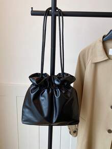 Chic Ruched Bucket Bag, Faux Leather Drawstring Shoulder Purse, Elegant Minimalist Hobo Bag For Work & Dating - Black - View 10