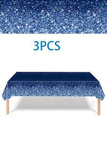 3pcs 137*274cm/54*108in Disposable Party Tablecloth, Blue Gradient Gold Powder Pattern Tablecloth, Suitable For Various Theme Parties And Daily Decoration Use - Blue - View 7