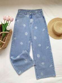 Pantalones vaqueros holgados para mujer color blanco con estampado de lunares negros, pantalones de mezclilla casuales de pierna ancha, pantalones con estampado de lunares, pantalones tiernos y versátiles, ideal para uso diario, salidas, primavera y verano - Lavado ligero - Ver 5